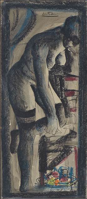 STANDING FEMALE NUDE IN PROFILE, LEANING ON A CHAIR