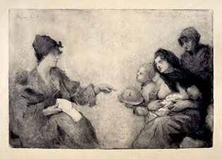 SYMBOLIC SCENE: A WOMAN ASSISTING THE FAMILY OF A FALLEN FROM THE 1915-18 WAR