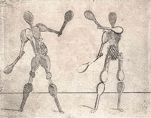 TWO HUMAN FIGURES MADE UP OF RACKETS AND BAGS OF BALLS