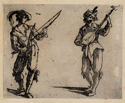 TWO MUSICIANS; ONE AT LEFT IS STANDING AND PLAYS A MUSICAL BOW, THE OTHER AT RIGHT PLAYS A THEORBO