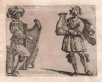 TWO MUSICIANS, ONE WITH A CELTIC HARP ON THE LEFT AND ANOTHER WITH A LYRE PLAYED WITH A BOW ON THE RIGHT