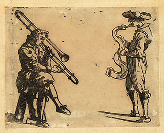TWO MUSICIANS, ONE WITH THE TENOR TROMBONE, THE OTHER ON THE RIGHT PLAYS THE SERPENTONE