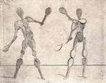 TWO HUMAN FIGURES MADE UP OF RACKETS AND BAGS OF BALLS