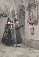 A GENTLEMAN AND TWO YOUNG WOMEN AT THE DOOR OF A HOUSE
