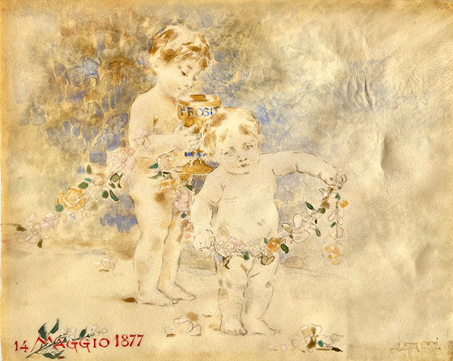 TWO CHILDREN WITH FLOWERS AND A CUP OF WINE