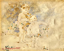 TWO CHILDREN WITH FLOWERS AND A CUP OF WINE