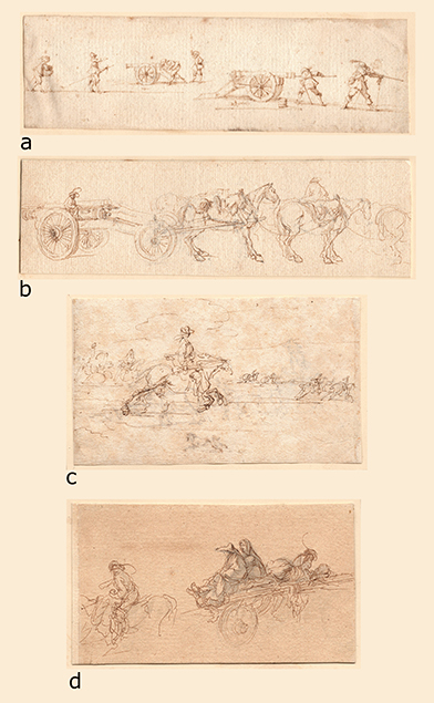 a) ARTILLERYMEN AND A MUSKETEER; b) AN ARTILLERY CARRIAGE WITH HORSES; c) HORSEMEN; d) FIGURES ON A CART