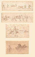 a) ARTILLERYMEN AND A MUSKETEER; b) AN ARTILLERY CARRIAGE WITH HORSES; c) HORSEMEN; d) FIGURES ON A CART