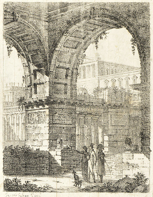 THREE FIGURES AND A DOG AMONG RUINS