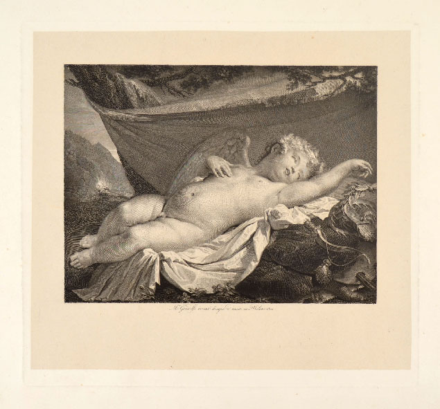 CUPID SLEEPING BENEATH A BLANKET TIED TO A TREE