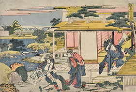 SHICHIDANME (ACT VII) Ichiriki teahouse: Heiemon about to kill the spy Kuday, Okaru stands nearby.