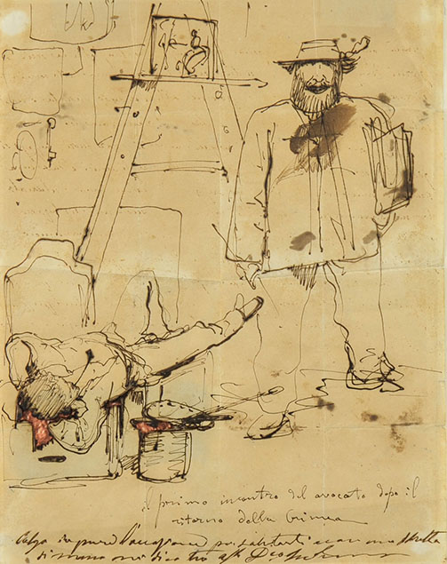 CARICATURAL SKETCH: A STANDING PAINTER AND A LYING MAN WITH A PIPE IN HIS MOUTH