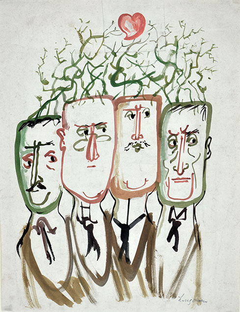 FOUR MALE CHARACTERS SPROUTING THORNY BRANCHES FROM THEIR HEADS (An Allegorical Drawing)
