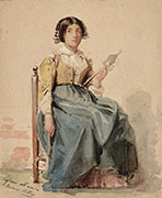 SEATED GIRL SPINNING WITH A HAND SPINDLE