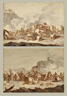 A PAIR OF DRAWINGS DEPICTING FIGHTING AROUND A CITY UNDER SIEGE