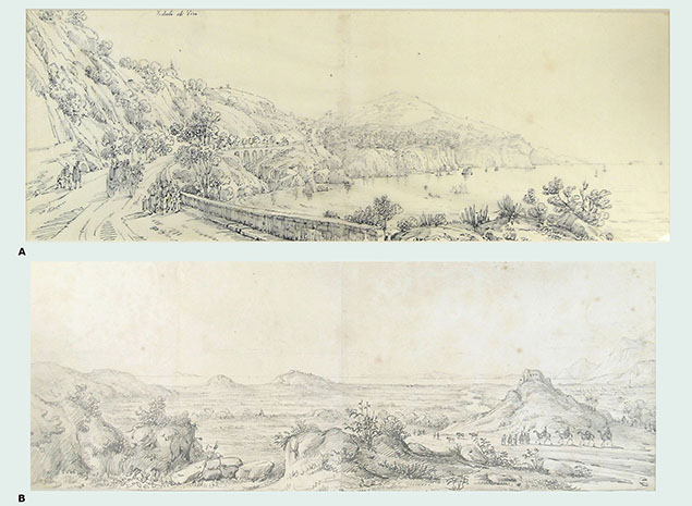 A PAIR OF DRAWINGS A) A VIEW FROM VICO EQUENSE  B) A VIEW IN NORTHERN AFRICA