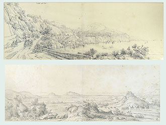 A PAIR OF DRAWINGS A) A VIEW FROM VICO EQUENSE  B) A VIEW IN NORTHERN AFRICA