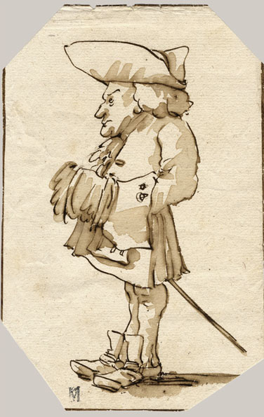CARICATURE OF A MAN WEARING A TRICORN STANDING IN PROFILE TOWARD LEFT