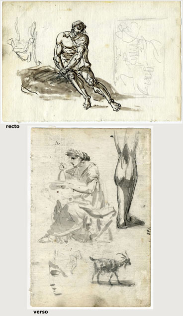 SKETCH OF A SEATED MAN AND SKETCH OF A PAINTING (recto); FIGURE STUDIES (verso)